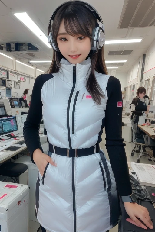 masterpiece, Highest quality, Very detailed, 8K Portrait,Japanese Android Girl,plump , Control panel,Robotic arms and legs, Blunt bangs,,break (Metallic Gray, Metallic luster, Mirror finish, Astro Best):5,headphone:5,break (Black sleeves):100,Smart Watches,Futuristic space station,Control Room,break headphone,blue eyes,(Black Hair):2,(Long Hair):1.3,Displaying the viewer,(respirator),break blush:3,Hidden Hand,smile