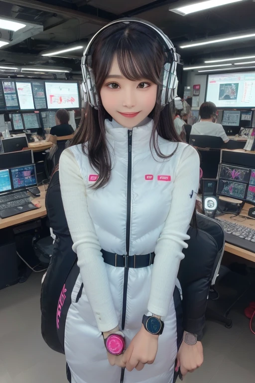 masterpiece, Highest quality, Very detailed, 8K Portrait,Japanese Android Girl,plump , Control panel,Robotic arms and legs, Blunt bangs,,break (Metallic Gray, Metallic luster, Mirror finish, Astro Best):5,headphone:5,break (Black sleeves):100,Smart Watches,Futuristic space station,Control Room,break headphone,blue eyes,(Black Hair):2,(Long Hair):1.3,Displaying the viewer,(respirator),break blush:3,Hidden Hand,smile