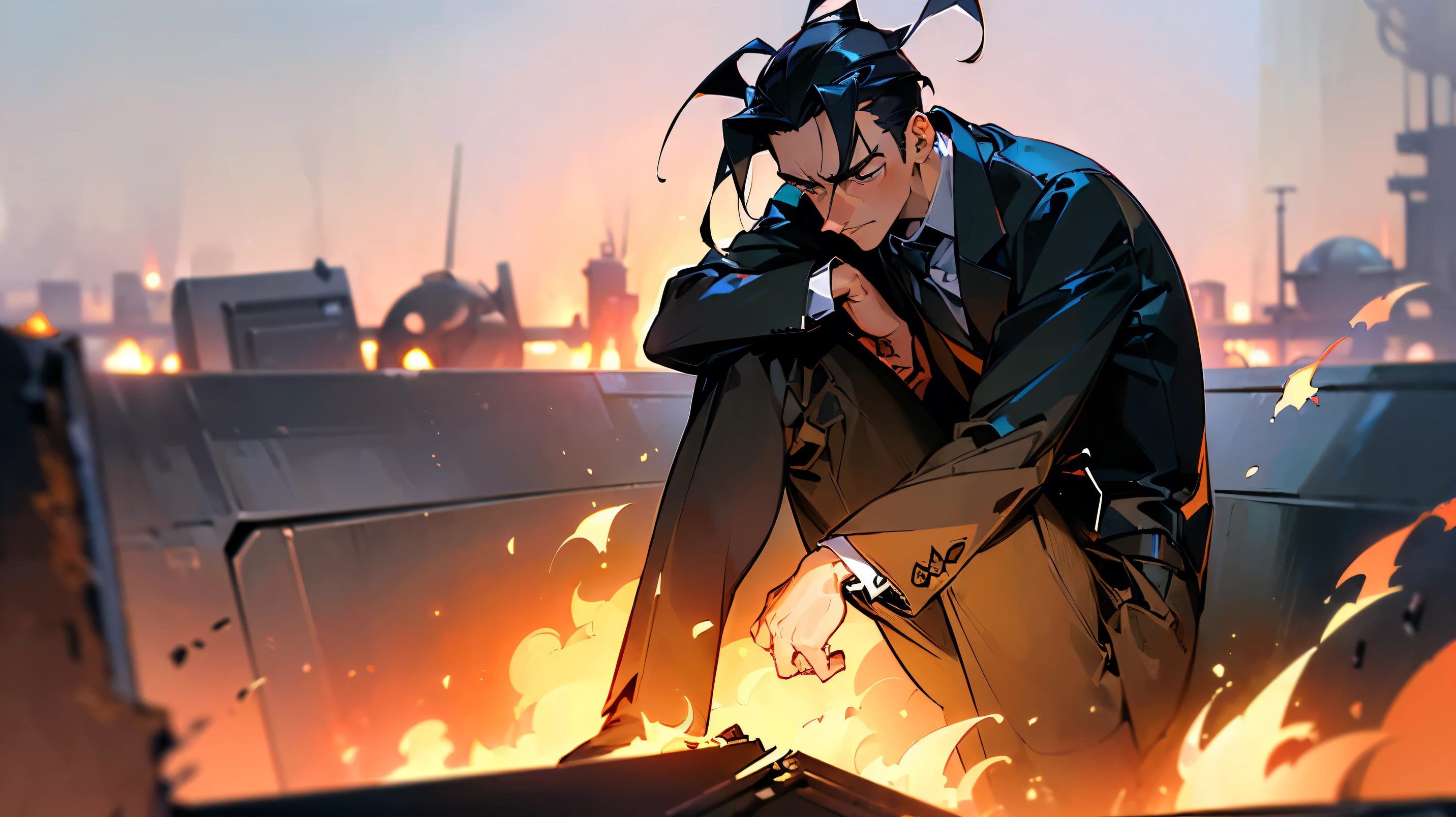 (((masterpiece,Highest quality))),(((A dejected animated man clinging to an incinerator))),((Incinerator in a burnt field)),A man is on fire and desperately searching for something,(high quality),