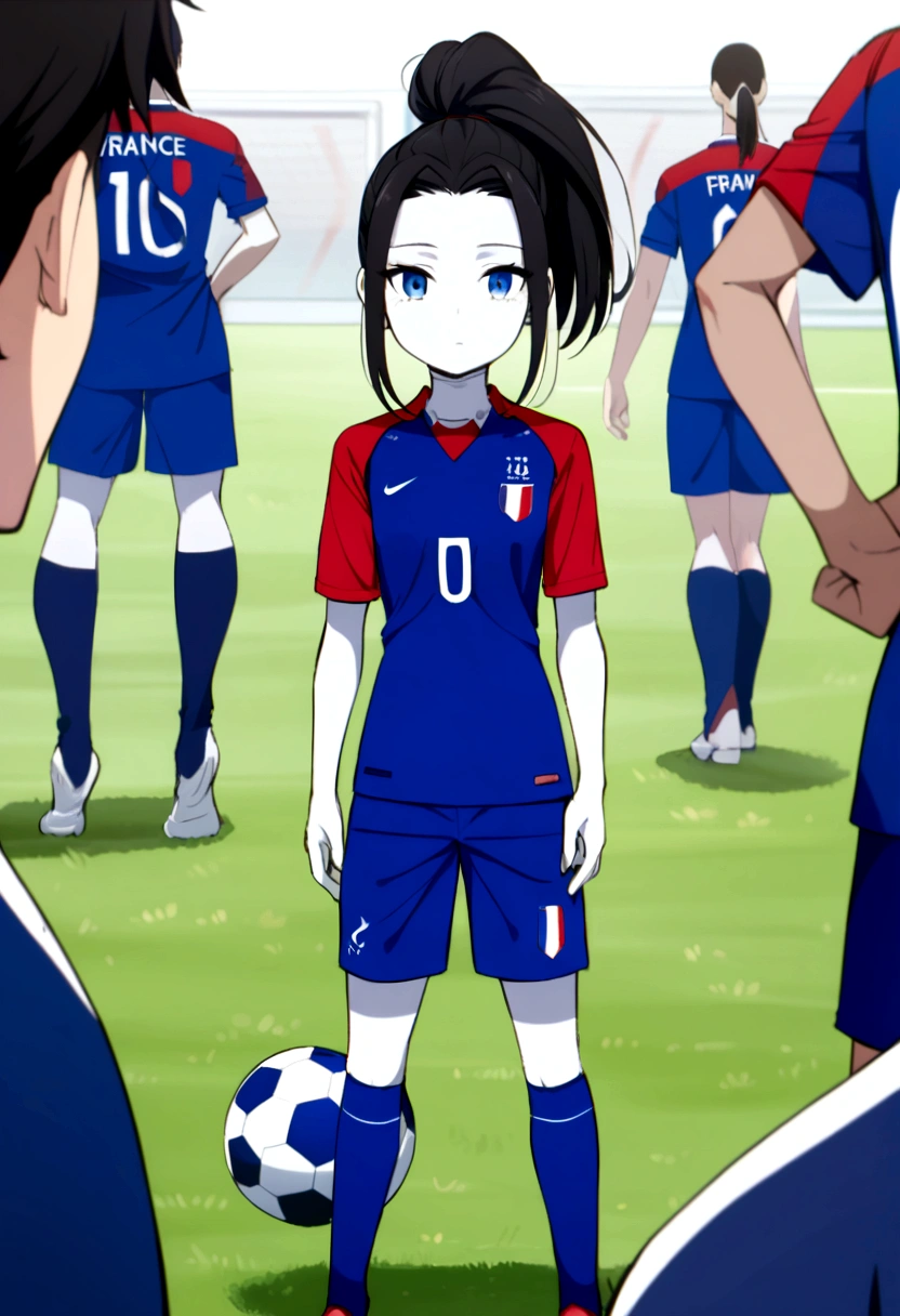 (anime ,2D) a female soccer player of average height ,White skin,thin face ,blue eyes,black hair with white highlights ,fringe,long,collected in a ponytail,france national team uniform,