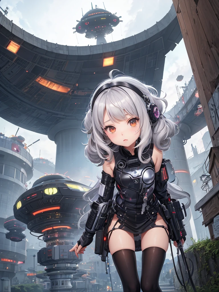 ,anime,small female,HD,Detailed Background, masterpiece, highest quality,whole body,medium hair,silver hair,messy hair,Frizzy hair,kawaii,behind view,UFO,invaders,raid town