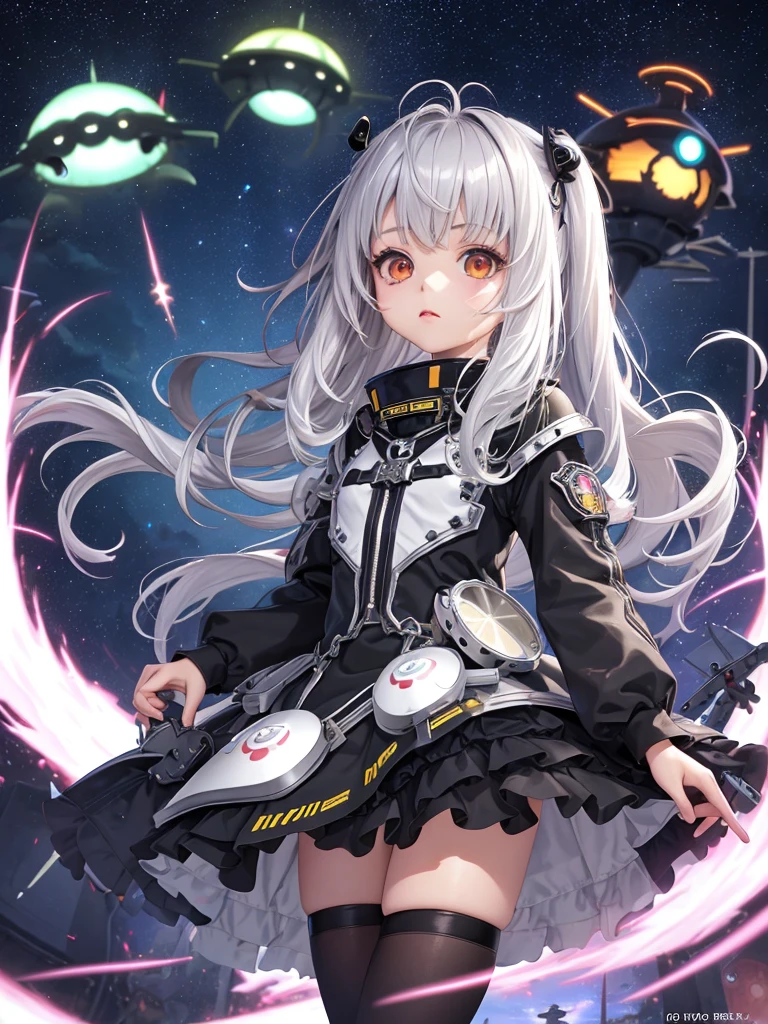 loli,anime,small female,HD,Detailed Background, masterpiece, highest quality,whole body,medium hair,silver hair,messy hair,Frizzy hair,kawaii,behind view,UFO,invaders,raid town