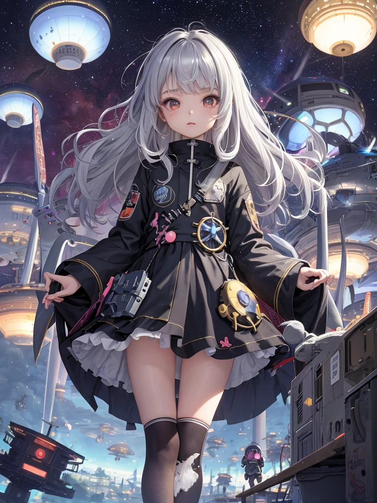 loli,anime,small female,HD,Detailed Background, masterpiece, highest quality,whole body,medium hair,silver hair,messy hair,Frizzy hair,kawaii,behind view,UFO,invaders,raid town