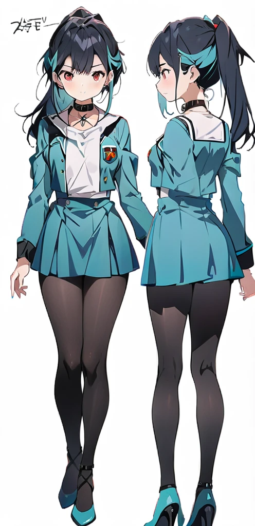 (masterpiece, best quality:1.2), 1girl, solo,((( reference sheet)))), ((( medium chest))), 26 years old,  (((black collar)), ((( Multiple angles and views.))), 
((long ponytail turquoise hair))), ((red eyes))), White sleeveless tank top, turquoise uniform school,((turquoise uniform)))( black pantihose),(turquoise highheels) hard nipples