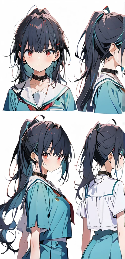 (masterpiece, best quality:1.2), 1girl, solo,((( reference sheet)))), ((( medium chest))), 26 years old,  (((black collar)), ((( Multiple angles and views.))), 
((long ponytail turquoise hair))), ((red eyes))), White sleeveless tank top, turquoise uniform school,((turquoise uniform)))( black pantihose),(turquoise highheels) hard nipples