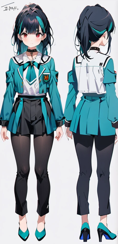 (masterpiece, best quality:1.2), 1girl, solo,((( reference sheet)))), ((( medium chest))), 26 years old, (((black collar)), ((( Multiple angles and views.))),
((long ponytail turquoise hair))), ((red eyes))), White sleeveless tank top, turquoise uniform school,((turquoise uniform)))( black pantihose),(turquoise highheels) hard nipples