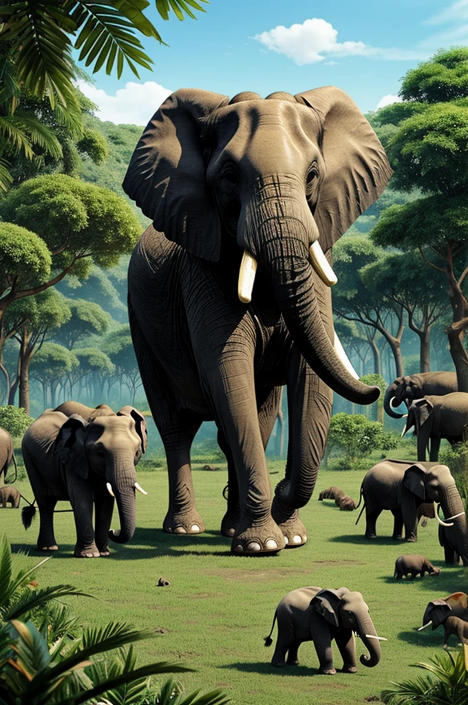 I want an elephant to be surrounded by several animals in the jungle that are animated animals. 
