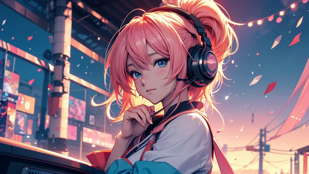 Woman wearing headphones, Anime Style 4 k, anime wallpaper 4k, anime wallpaper 4k, 4k anime wallpaper, anime art wallpaper 4k, anime art wallpaper 4k, Anime Style. 8K, Anime atmosphere, , Ultra HD Anime Wallpaper, Anime Art Wallpaper 8K, Anime Background,landscape、far away、music、noon、summer