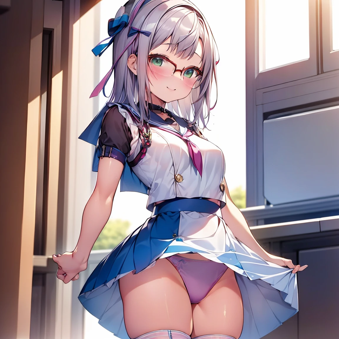 8K、masterpiece、Japanese、Woman wearing glasses、Neon(nod)、from the front、smile、Childish、Small breasts、See-through underwear、night、Bedroom、Show your underwear、mini skirt