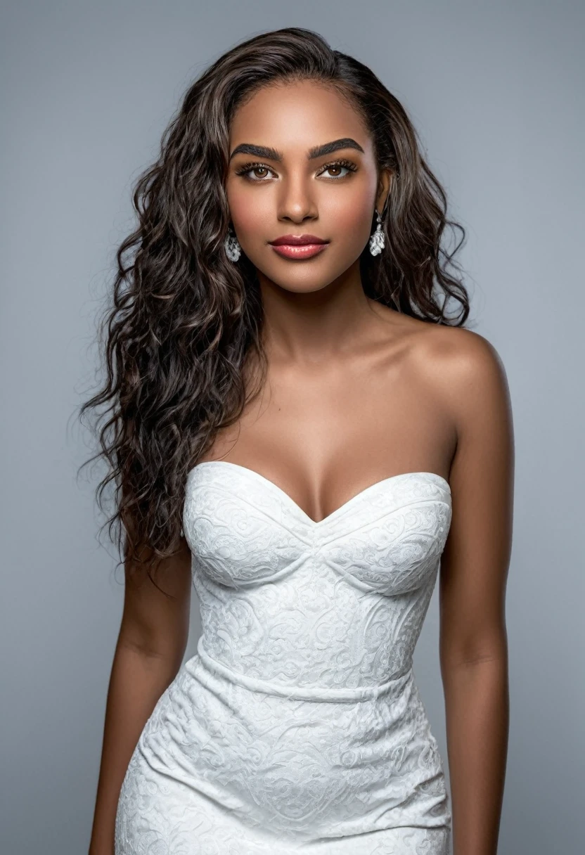 Stunning photo, night shoot, event photography of A beautiful woman, beautiful Latin face, young Brazilian Nyvi Estephan, Brazilian supermodel, serene and elegant beauty, Angolan descent, young adult 30 years old, nerdy woman, tall woman, a stunning black woman , with indigenous features, beautiful indigenous girl, native Brazilian, ((An indigenous African girl with European ebony)), ((her beauty is undeniable)), beautiful young ebony girl with dark skin, tanned Mexican, black hair with brown highlights, hair black curly hair with brown highlights, black voluminous hair with brown highlights, vibrant and dynamic cut with soft waves can add a modern and stylish touch. Has an exotic beauty with beautiful green eyes, realistic green eyes, bright green eyes, ultra detailed green eyes, ultra realistic green eyes, natural green eyes, ultra detailed iris, perfect eyes, perfect iris, hyper realistic eyes, eyeliner, long eyelashes and defined, penetrating gaze that conveys confidence, striking, powerful expression, strong presence, striking makeup, vibrant red lipstick, full lips, voluminous lips, seductive lips, captivating, striking, unforgettable, dazzling and mischievous smile, wide smile, your features are captivating , subtle smile on his lips. beautiful and detailed face, detailed skin texture, Notice her perfectly shaped eyebrows, which arch gracefully above her eyes, small nose that is proportionate to her face, and soft contour of her face that accentuates her high cheekbones. Beautiful and glowing skin, intricate details, smooth skin, healthy and radiant appearance, Attractive slim woman, Average bust, Average and beautiful breasts, athletic physique, flat stomach, slim waist, huge hips, wide hips, big ass, thick thighs, legs shapely concept art. Wears a sexy wedding dress, tight white wedding dress, dress with corset, short wedding dress, lingerie wedding dress, very short dress, no frills, sleeveless dress, wears white knee-high socks and white high heels.3D 4k,