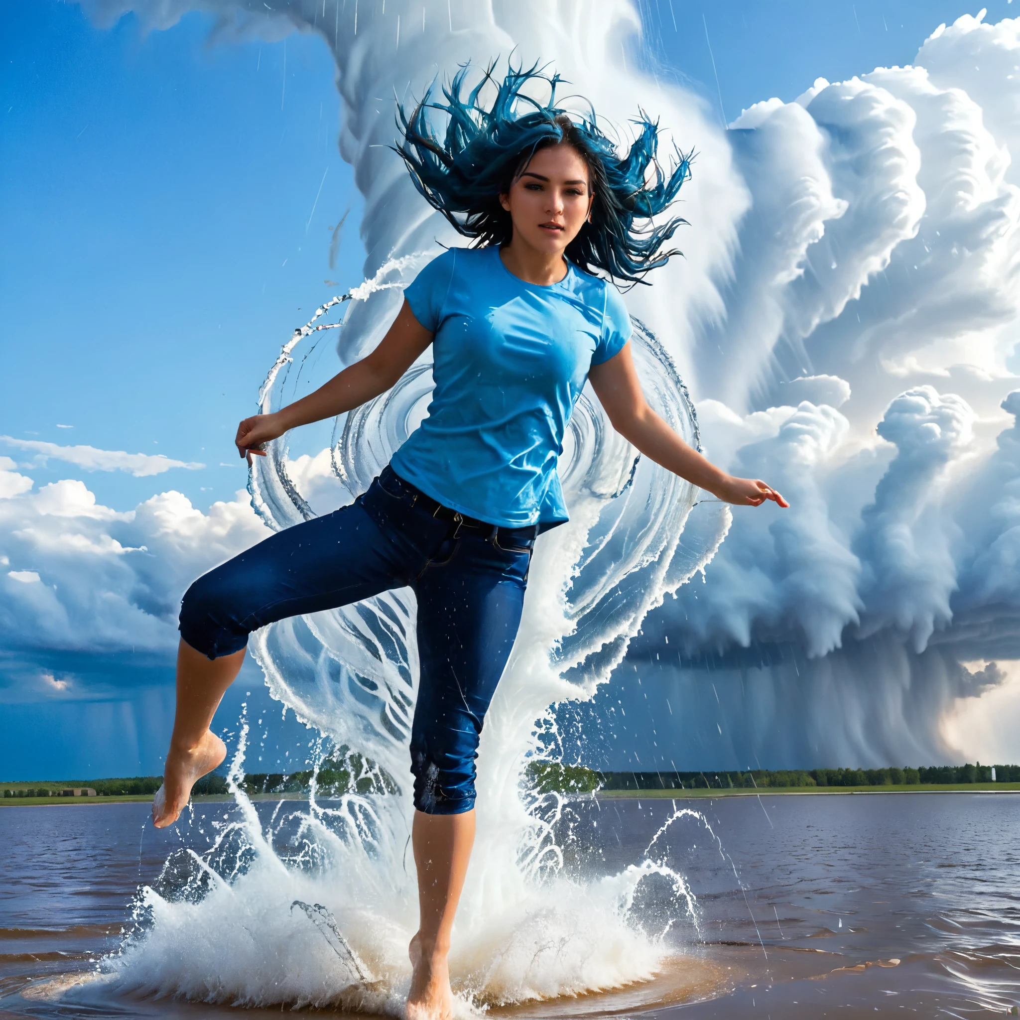 A dynamic scene of a young woman with long, flowing blue hair tied back, wearing a light blue shirt and dark blue rolled-up pants, performing a high kick against a massive water tornado. The water tornado, with a spiraling structure, is bursting and splashing dramatically upon impact with her foot. The setting is an open area with a clear blue sky and some clouds in the background. The sunlight reflects off the water droplets, creating a sparkling effect. The overall scene conveys a sense of strength, action, and fluidity. hyper realistic photo, vibrant color, 16k