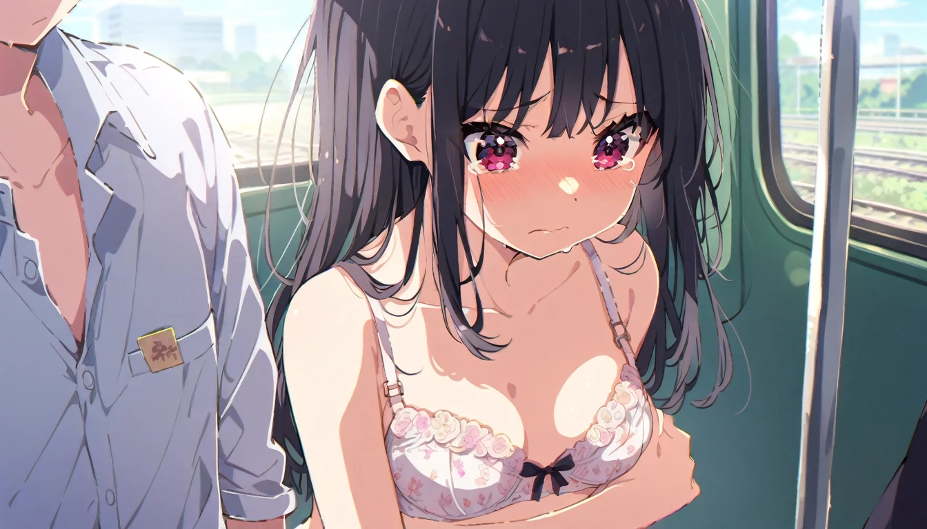 A girl with short black hair and small breasts wearing only a chick skirt and a floral bra on a train is crying in disgust as a molester touches her breasts over her bra.