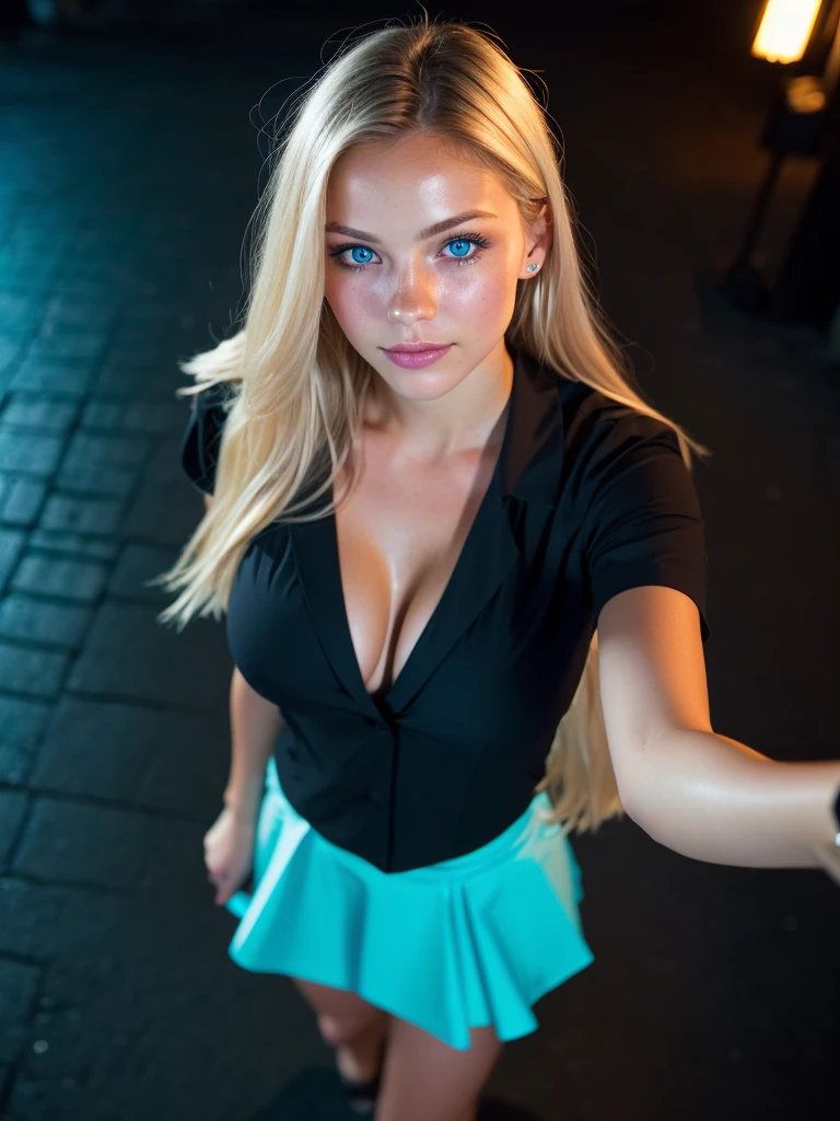 (selfie, view from above: 1.4), (straight half body,: 1.4), Portrait photo of a 24-year-old blonde in RAW UHD format. (blue eyed woman) Walking through dark alleys, big breasts,, город nightю, (skirt), (cutout), details (textured! , hair! , shine, color!! , deficiency: 1.1), brilliant eyes with high detail (looking at the camera), mirror lighting, SLR camera, ultra quality, Sharpness, depth of field, Granularity (center), FUDS HT3, crystal Clean, Frame center, Beautiful face, sharp focus, Street light, neon lighting, hips (dim), night, (night sky), detailed skin pores, oily skin, sunburn, intricate eye details, whole body, big breasts,(nsfw:1.2),