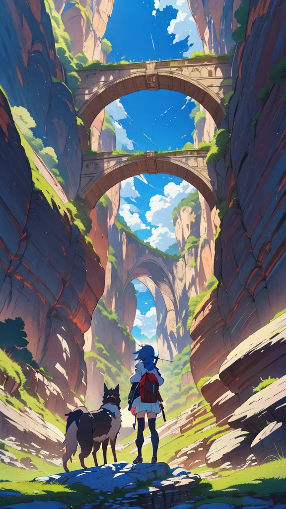 A lone traveler girl with their faithful dog stands under an immense natural stone archway, overlooking an expansive valley with meandering rivers and towering cliffs, under a clear blue sky, abasterpiece)), ((best quality)), ultra detailed,((illustration)), dynamic angle, detailed light, (ahoge:0.8),apathy, ray，frontage，style of anime4 k， 4k anime wallpaper， badass anime 8 k， 4 k comic wallpaper