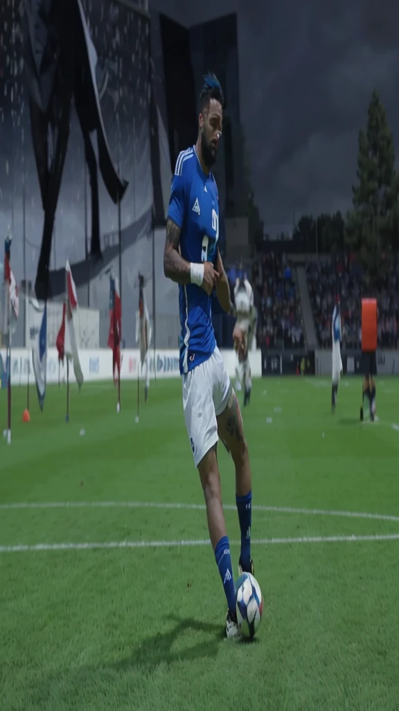 Create an ultra-realistic football game scene in a stylized stadium, where a football player with vibrant blue hair and beard, wearing the Italian national team uniform with the number 8, is about to kick the ball. The player sports intricate tattoos on his arms and legs. Ao fundo, a towering mural of a black wolf under a stormy, snowing sky adorns the stadium, while other players, referees and fans contribute to the dynamic and intense atmosphere of the game.