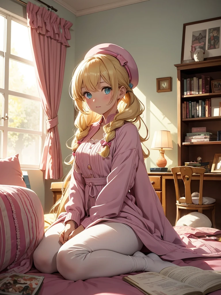 A young girl with bright blonde hair, hairstyle in two low pigtails decorated with pink ribbons. His blue eyes shine with liveliness and curiosity.. Designed in the style of Dragon Ball Z, She wears a lovely pink jumpsuit dress that matches her style perfectly.. As accessory, She wears a pink hat that adds a touch of sweetness and elegance to her appearance. The scene takes place in his room, a cozy and well-lit space, full of details that reflect your personality. The walls are decorated with posters and drawings, and there is a comfortable bed with colorful bedspreads and soft pillows. In a corner, there is a messy desk with books, notebooks and other personal items. The girl is sitting on the floor, next to his white cat with green eyes, who looks at her with a mixture of affection and curiosity. The cat is curled up, radiating tranquility. The scene should capture the iconic and dynamic style of the anime, highlighting both the beauty and tenderness of the girl and the warmth and comfort of her room.