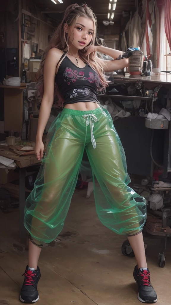 (((masterpiece))), (((hyper quality 62k))), (((ultra textured skin))), (intricate details highlighted), punk girl, smiling and aggressive expression, braided hair, rear view, from below, (((hyperrealistic 32k))), sitting at desk, (navel-baring, low-cut top), (((translucent plastic pants))), strong jaw, beautiful face, shoes, full body view, ( textured pants)