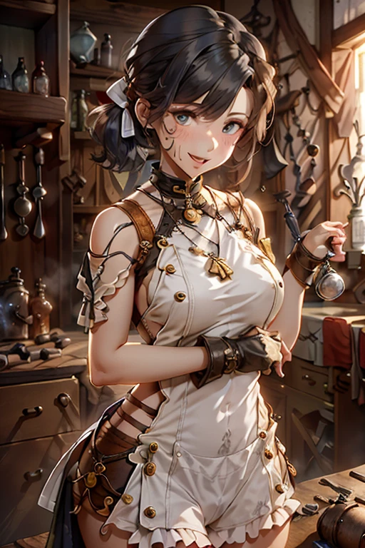 (fantasy:1.5),(anime,8k,masterpiece, top quality, best quality,beautiful and aesthetic:1.2,professional illustrasion:1.1,ultra detail:1.3,perfect lighting),extremely detailed,highest detailed,incredibly absurdres , highres, ultra detailed,intricate:1.6,(Alchemy Workshop:1.4),A girl mixing,Medicine in many small bottles,holding small potion,colorful:1.4,zentangle,(1girl),(girl),(((Whole body image)))(Three kingdoms female warload),(highly detailed beautiful face and eyes,firm breasts),oily skin,((black,hair,short bob with short pony tail hair)),thin pubic hair,cute,lovely,34 years old,alchemist costume,Merchant's Clothing,smile,in the kitchen,smile,seductive weak smiling,(with sparkling eyes and a contagious smile),open mouth, Looking at Viewer,
