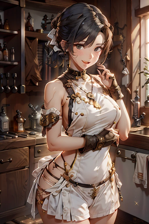 (fantasy:1.5),(anime,8k,masterpiece, top quality, best quality,beautiful and aesthetic:1.2,professional illustrasion:1.1,ultra detail:1.3,perfect lighting),extremely detailed,highest detailed,incredibly absurdres , highres, ultra detailed,intricate:1.6,(Alchemy Workshop:1.4),A girl mixing,Medicine in many small bottles,holding small potion,colorful:1.4,zentangle,(1girl),(girl),(((Whole body image)))(Three kingdoms female warload),(highly detailed beautiful face and eyes,firm breasts),oily skin,((black,hair,short bob with short pony tail hair)),thin pubic hair,cute,lovely,34 years old,alchemist costume,Merchant's Clothing,smile,in the kitchen,smile,seductive weak smiling,(with sparkling eyes and a contagious smile),open mouth, Looking at Viewer,
