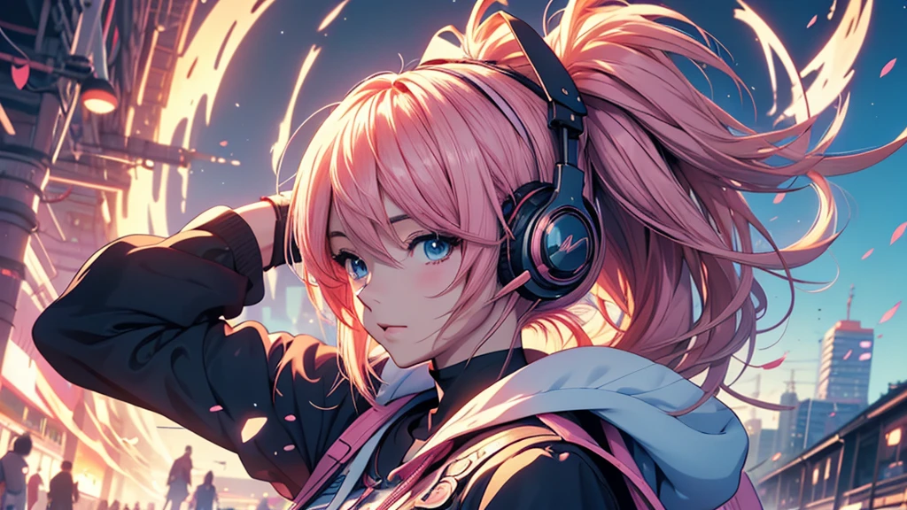 Woman wearing headphones, Anime Style 4 k, anime wallpaper 4k, anime wallpaper 4k, 4k anime wallpaper, anime art wallpaper 4k, anime art wallpaper 4k, Anime Style. 8K, Anime atmosphere, , Ultra HD Anime Wallpaper, Anime Art Wallpaper 8K, Anime Background,landscape、far away、music、noon