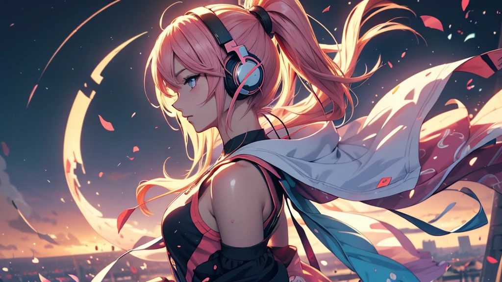 Woman wearing headphones, Anime Style 4 k, anime wallpaper 4k, anime wallpaper 4k, 4k anime wallpaper, anime art wallpaper 4k, anime art wallpaper 4k, Anime Style. 8K, Anime atmosphere, , Ultra HD Anime Wallpaper, Anime Art Wallpaper 8K, Anime Background,landscape、far away、music、noon