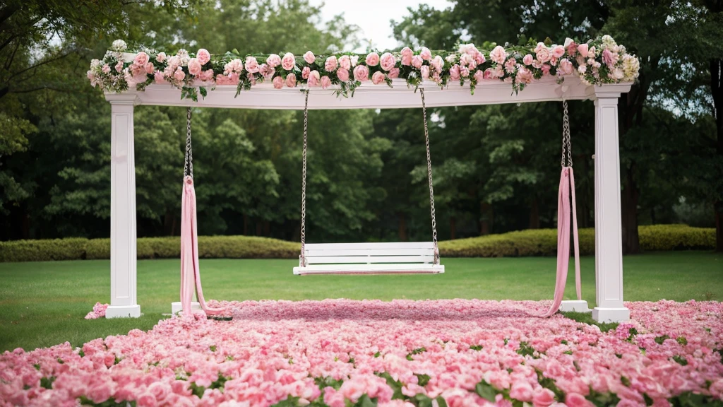 An empty swing, pink roses