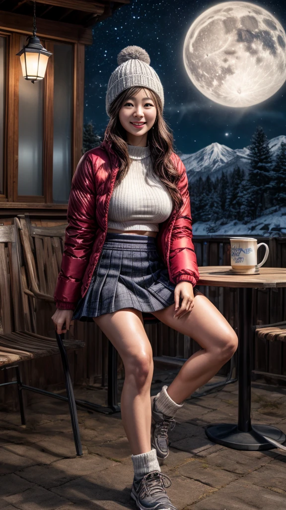 (((Night view)))、White Breath、Beautiful starry sky、In the mountains、smile、in the forest、winter、Cottage))、Sit in front of the bonfire、Stainless Steel Mug、Outdoor、(((Front open down jacket)))、Wear a sweater、Knitted hat、(((mini skirt)))、(Leg warmers)、(Trekking shoes)、 table、((Big Breasts))、Steam rising from a mug、I feel it、Wavy long hair、High resolution、High resolution、In 8K、Real Live Action、RAW Photosgraphy、Highest quality、masterpiece、tableトップ、erotic,White skin,knees, Absurd,Small face、masterpiece,Highest quality、超High resolution,RAW Photos,only,Beautiful poop,One person, One personで,whole body、very nice、Japanese women,(Realistic:1.4)、Photon Mapping、Realistic、Beautiful woman、物理ベースのonlyダリング、Qianfang、Depth of field rally background、 Soft Nose, Sparkling eyes、Glossy Lips、((Grab your skirt))、Spread your legs、(The detailed design of the black lace pink panties is visible.)、