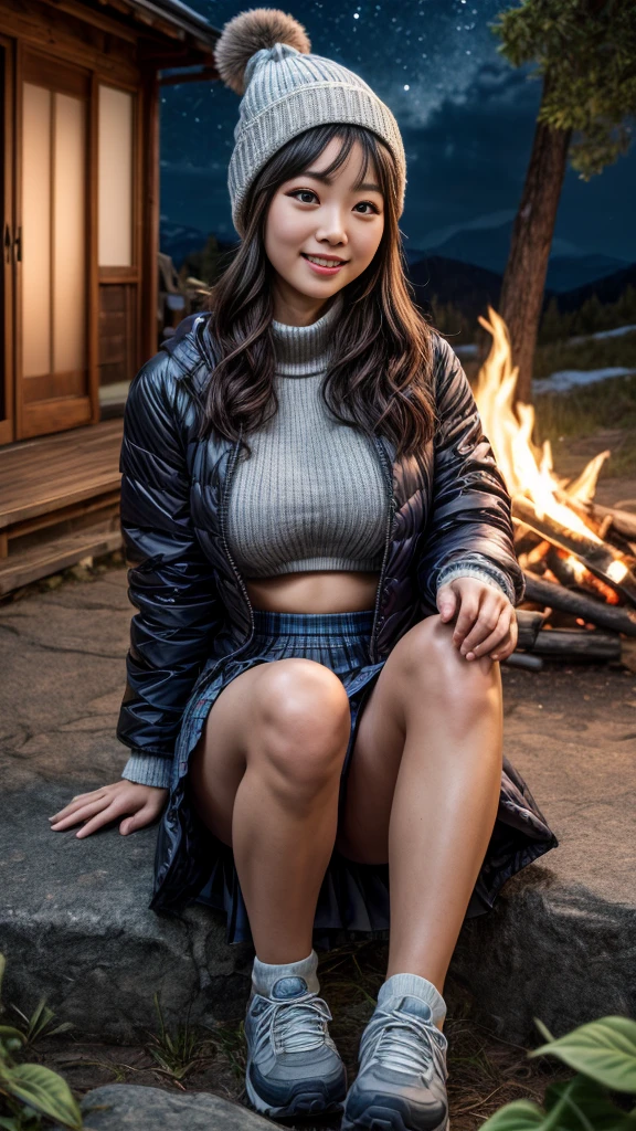 (((Night view)))、White Breath、Beautiful starry sky、In the mountains、smile、in the forest、winter、Cottage))、Sit in front of the bonfire、Stainless Steel Mug、Outdoor、(((Front open down jacket)))、Wear a sweater、Knitted hat、(((mini skirt)))、(Leg warmers)、(Trekking shoes)、 table、((Big Breasts))、Steam rising from a mug、I feel it、Wavy long hair、High resolution、High resolution、in 8K、Real Live Action、RAW Photosgraphy、Highest quality、masterpiece、Table Top、erotic,White skin,knees, absurdes,Small face、masterpiece,Highest quality、超High resolution,RAW Photos,only,Beautiful poop,one person, one personで,whole body、very nice、Japanese women,(Realistic:1.4)、Photon Mapping、Realistic、Beautiful woman、Physics-based only dulling、Qianfang、Depth of field rally background、 soft nose, Sparkling eyes、Glossy Lips、((Grab your skirt))、Spread your legs、(You can see the detailed lace panties.)、