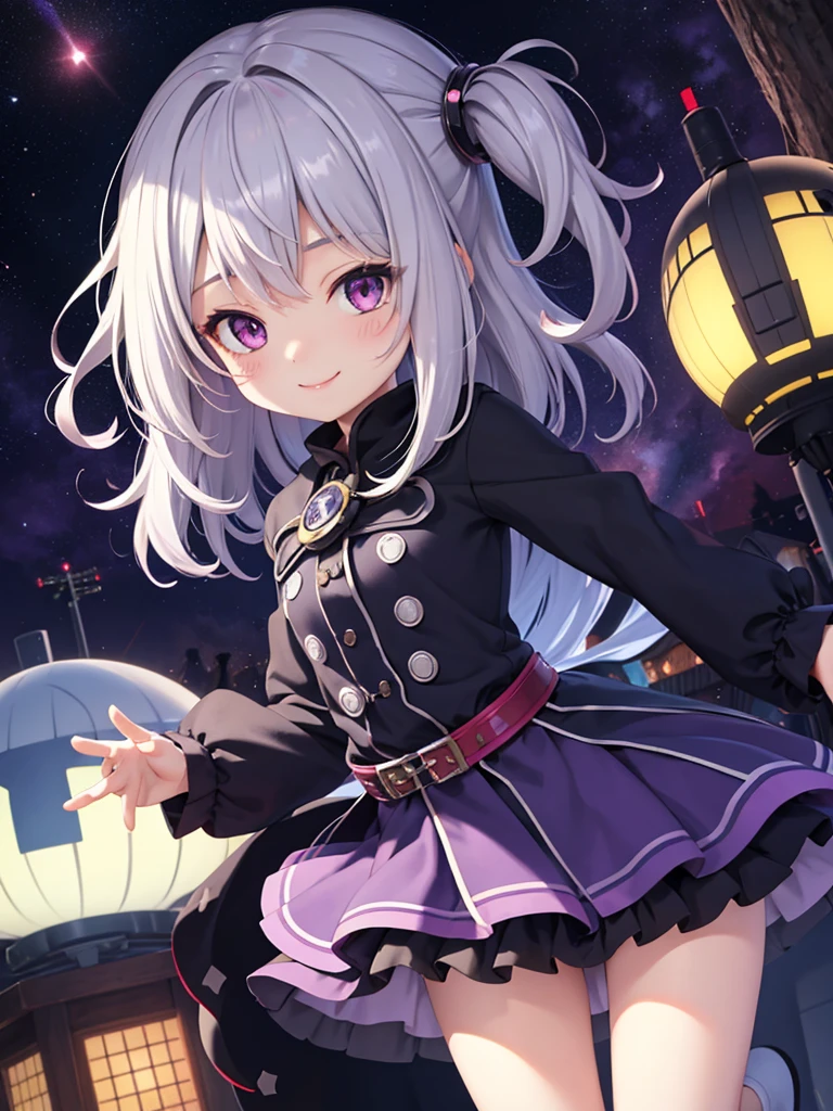 loli,anime,small female,HD,Detailed Background, masterpiece, highest quality,whole body,medium hair,silver hair,messy hair,Frizzy hair,kawaii,purple eye,UFO,town,smile