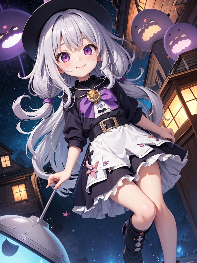 loli,anime,small female,HD,Detailed Background, masterpiece, highest quality,whole body,medium hair,silver hair,messy hair,Frizzy hair,kawaii,purple eye,UFO,town,smile