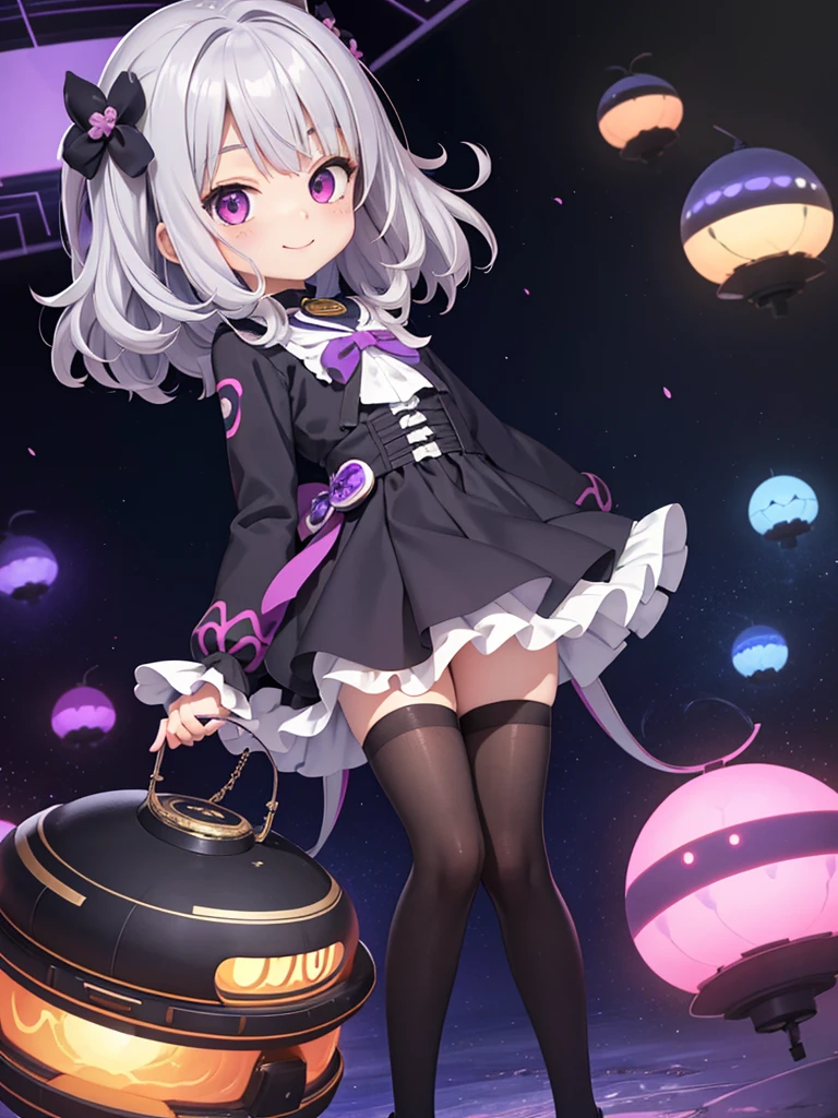 ****,anime,small female,HD,Detailed Background, masterpiece, highest quality,whole body,medium hair,silver hair,messy hair,Frizzy hair,kawaii,purple eye,UFO,town,smile