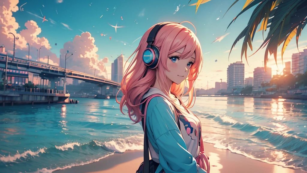 Woman wearing headphones, Anime Style 4 k, anime wallpaper 4k, anime wallpaper 4k, 4k anime wallpaper, anime art wallpaper 4k, anime art wallpaper 4k, Anime Style. 8K, Anime atmosphere, , Ultra HD Anime Wallpaper, Anime Art Wallpaper 8K, Anime Background,landscape、far away、music、noon、Ocean