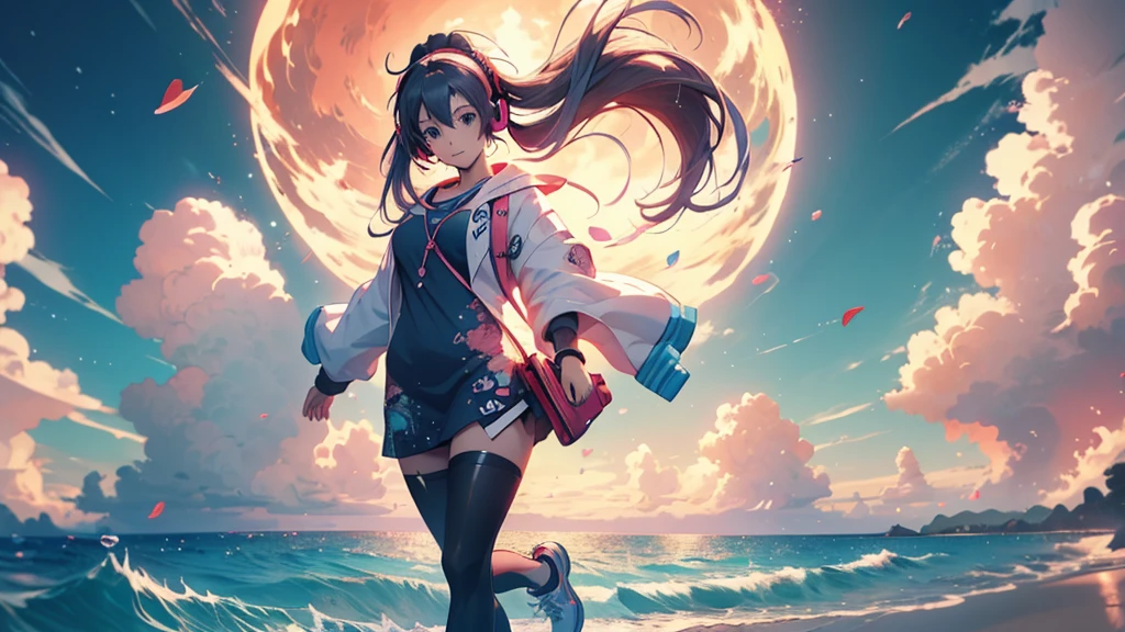 Woman wearing headphones, Anime Style 4 k, anime wallpaper 4k, anime wallpaper 4k, 4k anime wallpaper, anime art wallpaper 4k, anime art wallpaper 4k, Anime Style. 8K, Anime atmosphere, , Ultra HD Anime Wallpaper, Anime Art Wallpaper 8K, Anime Background,landscape、far away、music、noon、Ocean