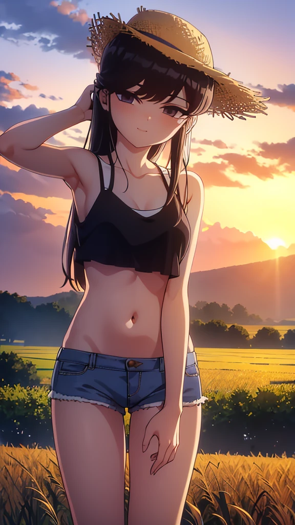 True Face　stand　alone　afternoon　A little blue sky　from the front　straight　low length　Cowboy Shot　Place your arms behind your head　countryside　Beautiful scenery　Wear a straw hat　Show me your armpit hair　Beauty　blush　Tank top　Shorts　smile　Summer evening　Paddy field　Beautiful sunset