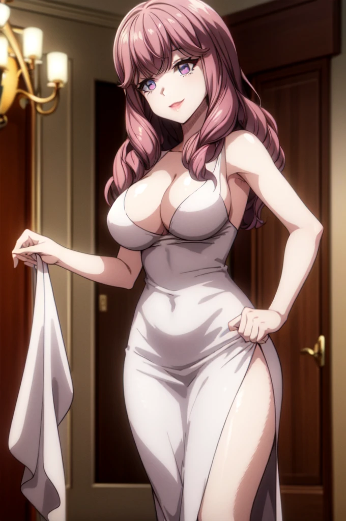 perfect eyes:1.2, detailed eyes:1.4, hall, smile, chandelier, medium hair, Kurayoshi_R, cleavage, large breasts, white dress, long dress, medium full shot, thigh-level shot, 1girl,(masterpiece:1.6, best quality),