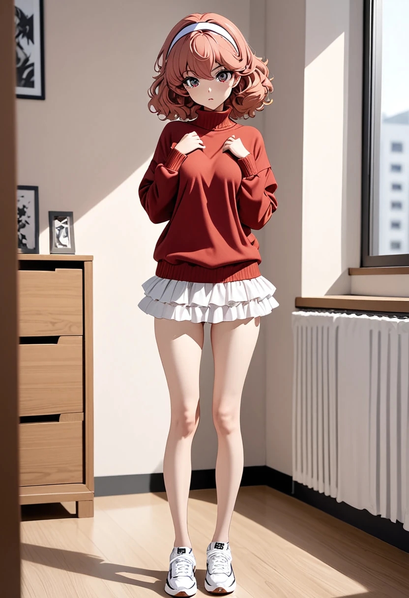 masterpiece, best quality, genny, nude,hairband, red sweater, frilly white skirt, sneakers, standing, looking at viewer