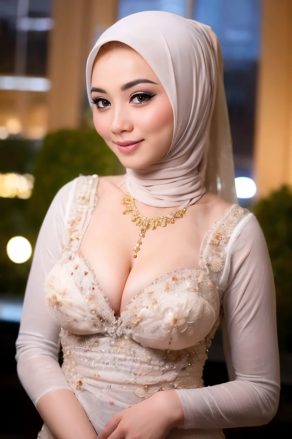 Hyper realistic, Beautiful, cute Face, 18 Years old indonesian ****ta Girl, (wearing hijab), Detailed sexy seethru red lace kebaya dress, open breast, breast out, (half nude), top naked, small Rounded Breast, pussy revealed, luxury necklace, White Skin, Dark City Background, mid shot, upper body, Perfect Potrait, Bokeh Effect, Look at Viewer, Armpit, Perfect Eye, Perfect Hand, Perfect Finger, ((adorable:1.2)), ((masterpiece:1.1)), ((bokeh:1.2)), (dynamic seducing pose), seductive smile, flirting eyes