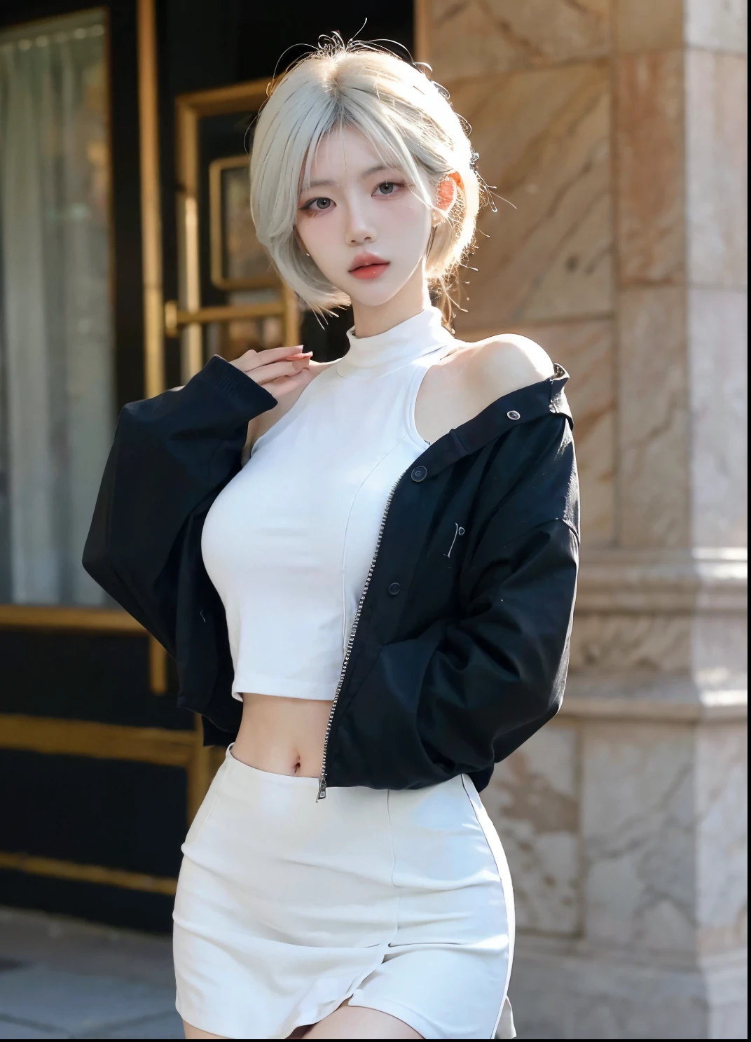 Beautiful woman with perfect figure:1.4,Ultra-high resolution,Put your hands behind your back,Snow background,(Realism:1.4),perspective,Layered hairstyle,Snow white skin,JK:1.5,Super short pleated skirt,whole body:1.4,Very delicate and skin texture,Double eyelids,Skin Whitening,Long hair,White hair