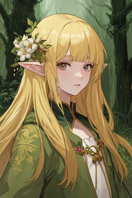 masterpiece, anime style, portrait, 1girl, blonde, long hair, blunt bangs, elf ears, flower in hair, ranger clothing, mature face, rainy forest background