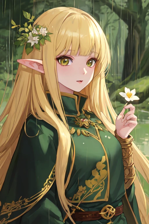 masterpiece, anime style, portrait, 1girl, blonde, long hair, blunt bangs, elf ears, flower in hair, ranger clothing, mature face, rainy forest background