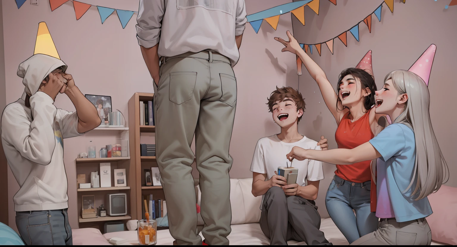 men and women are cousins, they are 20 years old, they are at a party, 18 years old at a party, they are happy.