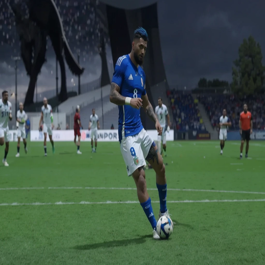 Create an ultra-realistic football game scene in a stylized stadium, where a football player with vibrant blue hair and beard, wearing the Italian national team uniform with the number 8, is about to kick the ball. The player sports intricate tattoos on his arms and legs. Ao fundo, a towering mural of a black wolf under a stormy, snowing sky adorns the stadium, while other players, referees and fans contribute to the dynamic and intense atmosphere of the game.