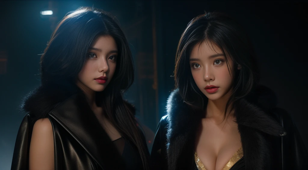 masterpiece,quality,Best quality,official art,(Beauty and Aesthetics:1.2),(masterpiece:1.3),city of the future,cyberpunk characters,a girl,fur coat,No underwear,Sexy figure,looking at camera,(Close-up cleavage:1.8),volumetric fog,snow,snow,drama,night,Christmas