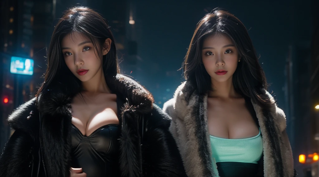 masterpiece,quality,Best quality at best,Official Art,(Beauty and aesthetics:1.2),(masterpiece:1.3),The city of the future,Cyberpunk Characters,A girl,Fur coat,No underwear,Sexy body,Looking at the camera,(Close-up cleavage:1.8),Volumetric Fog,snow,snow,drama,Christmas Eve