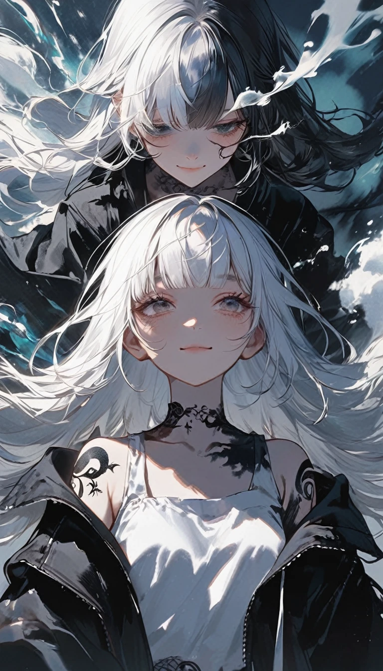 1girl, kawaii, melancholy expression, light smile, long hair, bangs, long cropped bangs hide both eyes, bare shoulders, jacket, upper body, white hair, blunt bangs, off shoulder, open jacket, black jacket, hair over eyes, arm tattoo, shoulder tattoo, Around the girl are splashes of black and white paint or ink that reflect the colors of the yin-yang symbol behind her Smoke and fog intertwined with the paint splashes add to the dramatic effect,