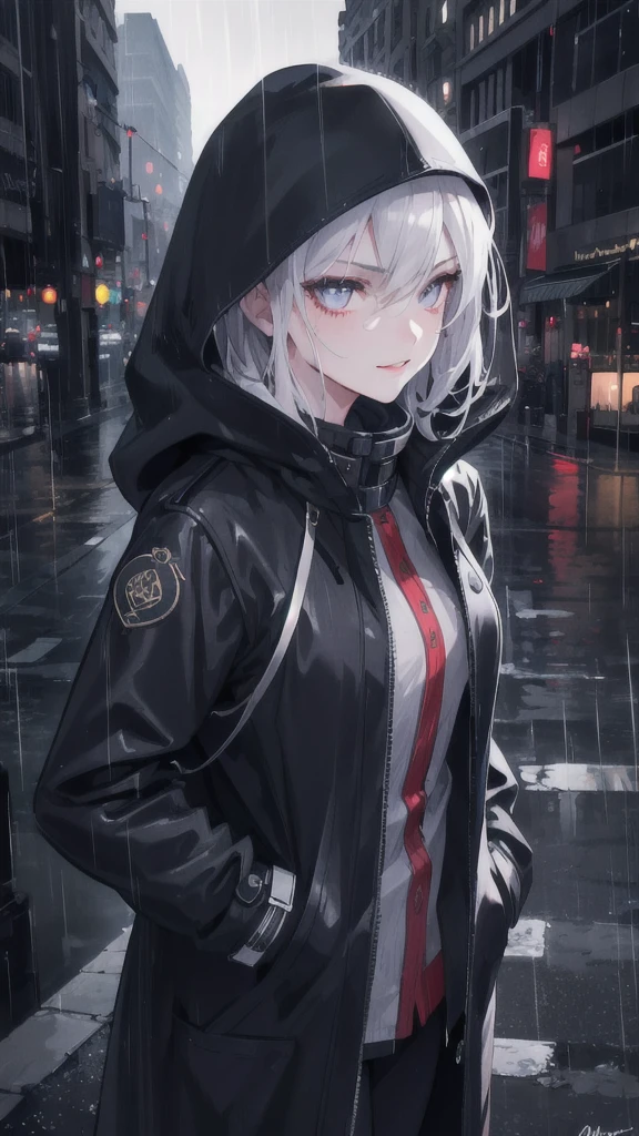 1girl, night city, rain, coat, hands in pockets, beautiful detailed eyes, beautiful detailed lips, extremely detailed face, longeyelashes, urban atmosphere, shy smile, moody lighting, dramatic colors, cinematic, 8k, detailed, photorealistic, masterpiece, professional