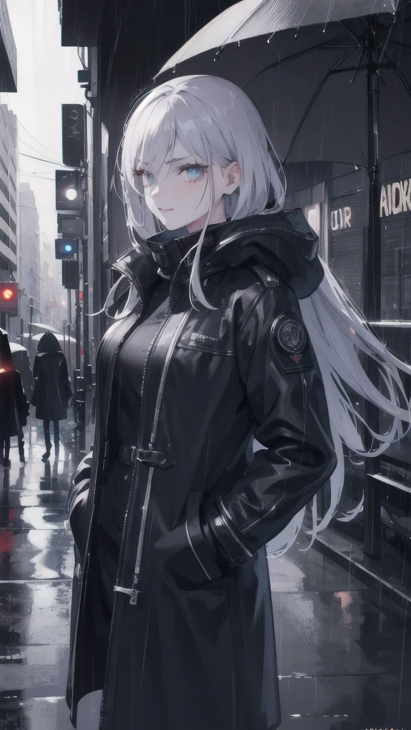 1girl, night city, rain, coat, hands in pockets, beautiful detailed eyes, beautiful detailed lips, extremely detailed face, longeyelashes, urban atmosphere, shy smile, moody lighting, dramatic colors, cinematic, 8k, detailed, photorealistic, masterpiece, professional
