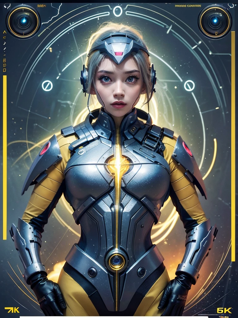 A beautiful young girl with yellow hair, a tight lightning-themed suit, and small breasts, wielding alien thunder weapons in a thunderstorm backdrop, (best quality,4k,8k,highres,masterpiece:1.2),ultra-detailed,(realistic,photorealistic,photo-realistic:1.37),extremely detailed eyes and face,beautiful detailed lips,longeyelashes,lightning effects,dynamic pose,dramatic lighting,vibrant colors,sci-fi,concept art