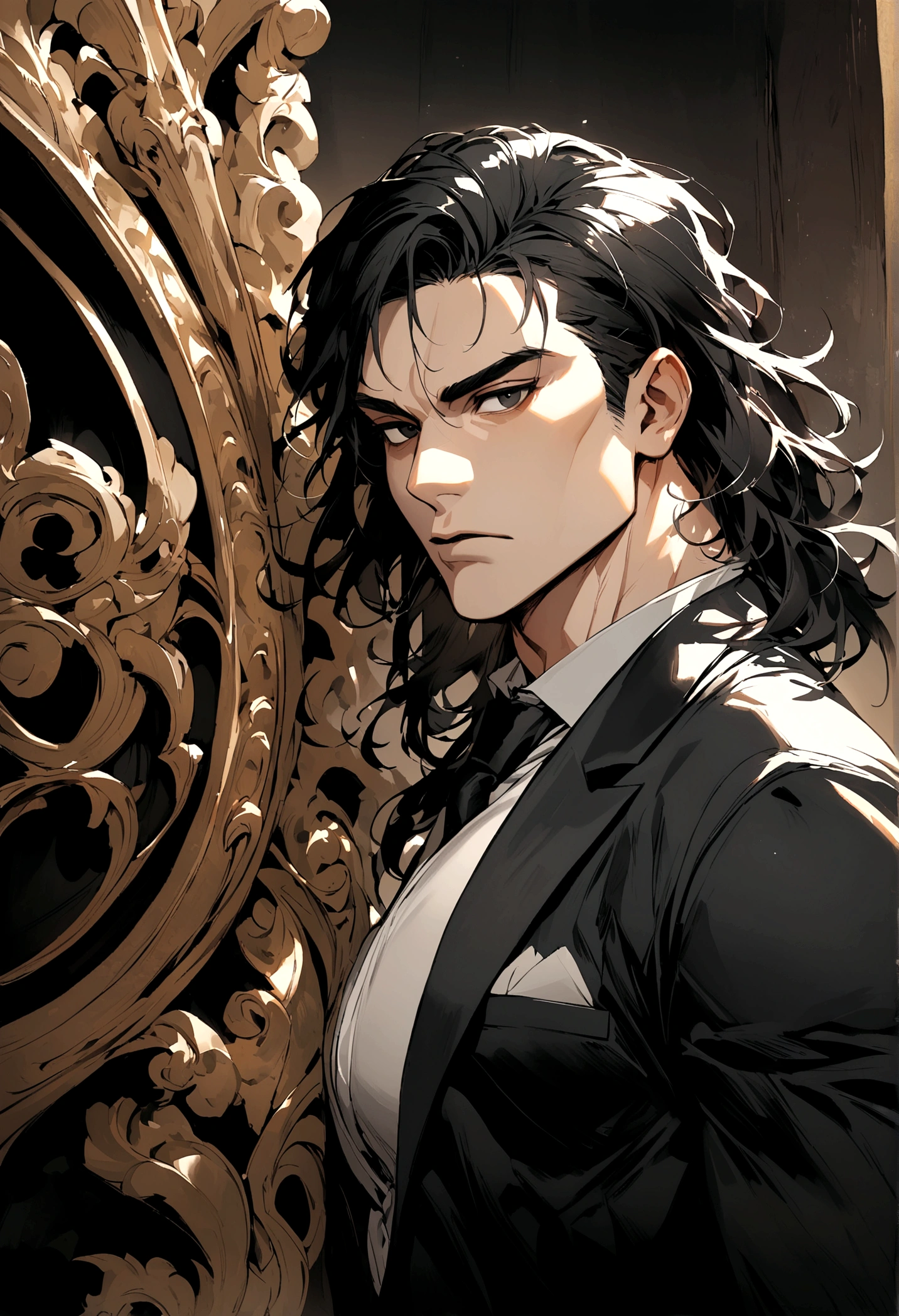 a highly detailed portrait of a man with black hair, medium length hair, wearing a black suit, with a toned muscular body, black eyes 