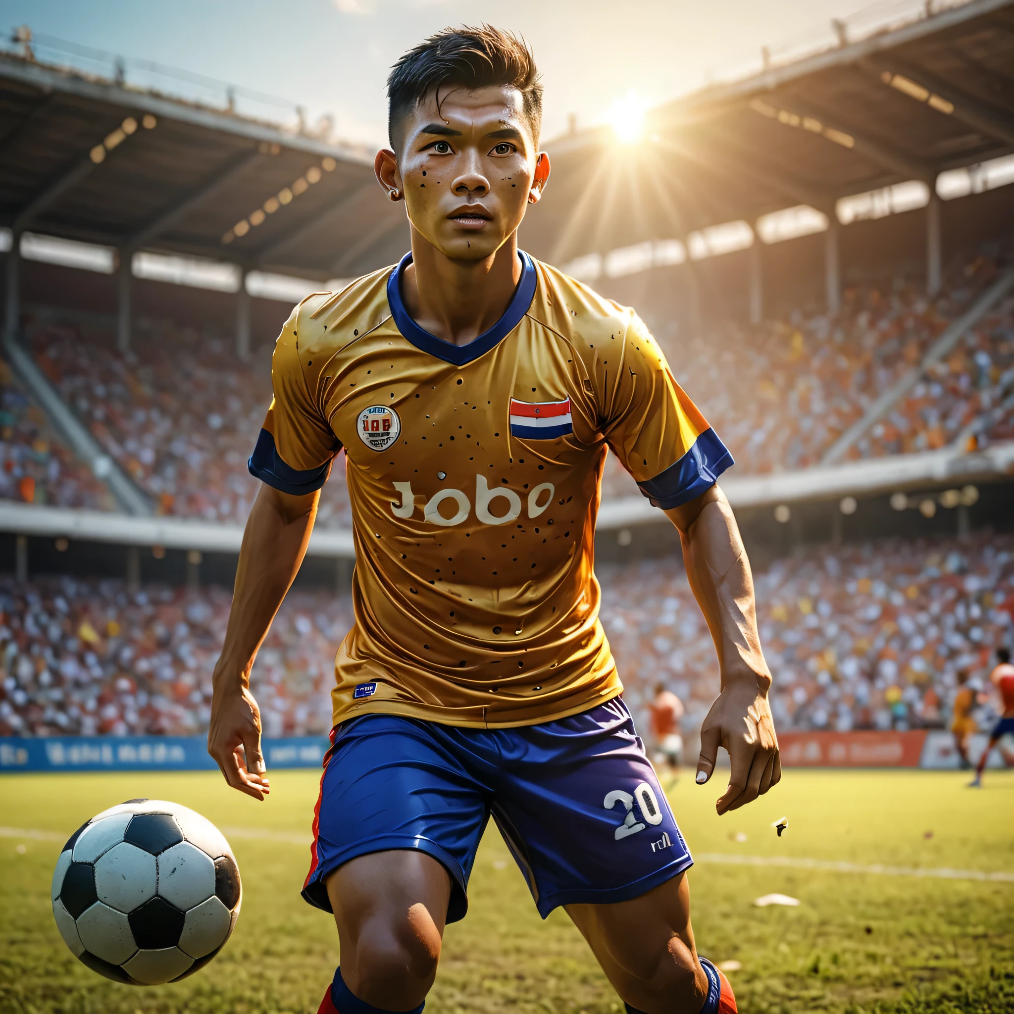 A Thai football man, (amber eyes:1.25), wearing football clothes, colorfully, Playing football, (Depth of field:1.25), 8k resolution, photorrealistic, work of art, intrincately detailed, natural lighting, volumetric lighting, conceptual artwork, chic, art station, Sun spots